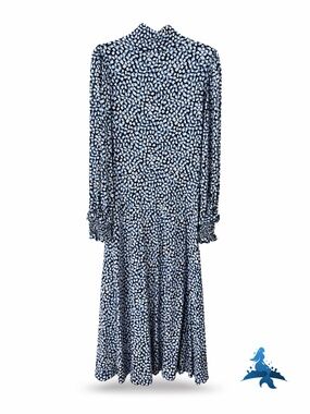 1308 Draper James Midi Dress Tie Neck Long Sleeve – S – Blue White